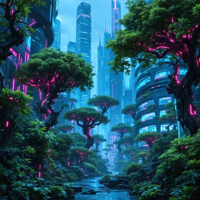 The primary subject of the image is a futuristic cityscape with a focus on the tall buildings and the surrounding trees. The setting is a futuristic city with a blue sky and a forest of trees. The visual style is a digital art or illustration, creating a vibrant and colorful atmosphere. The colors and mood are predominantly blue and purple, giving the scene a sense of futuristic and technological advancement.